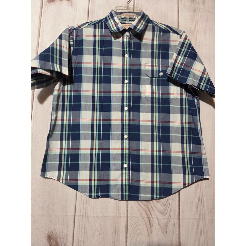 The Fox Collection Petite 14 Plaid Short Sleeve Button Down Shirt Blue Green